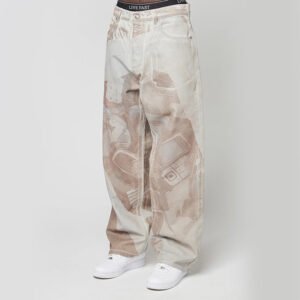Beige All-Over Print Wide Leg Jeans