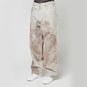 Beige All-Over Print Wide Leg Jeans