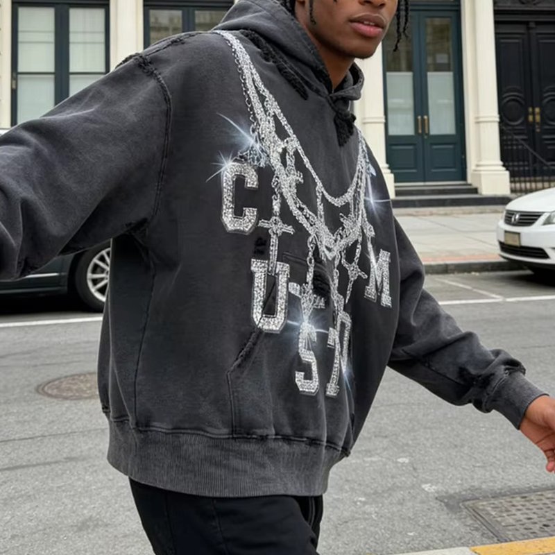 Vintage Pullover Hoodie with Rhinestone Detail - Image 2