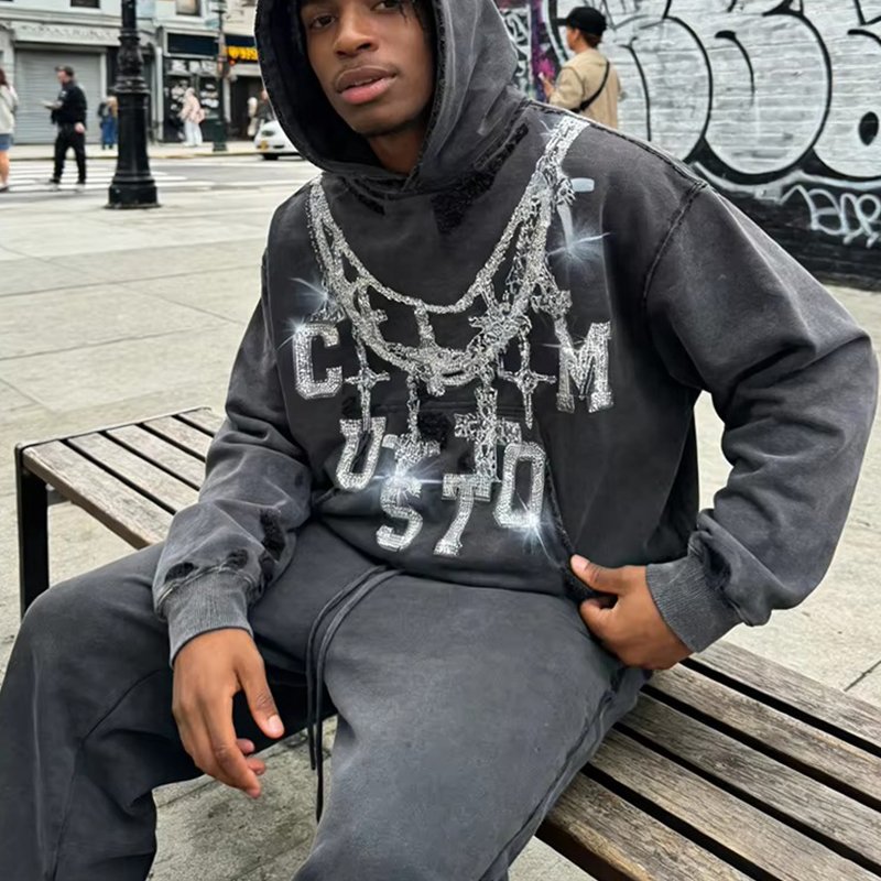 Vintage Pullover Hoodie with Rhinestone Detail - Image 3