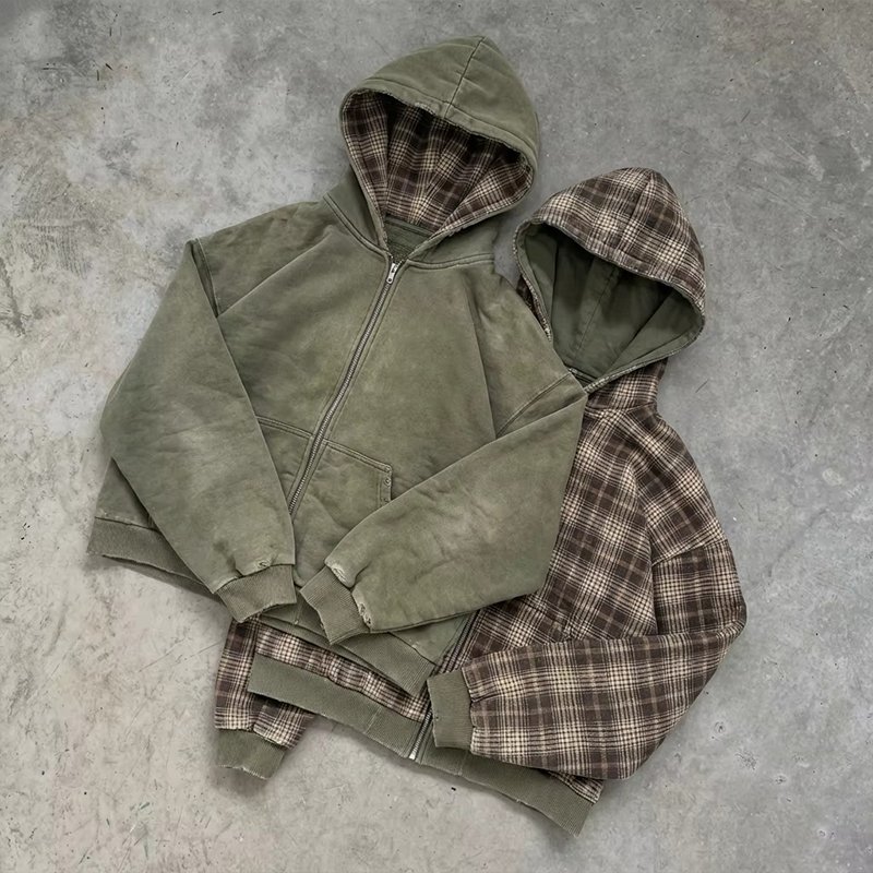 Retro-Washed Checked French Terry Zip-Up Hoodie - Image 3