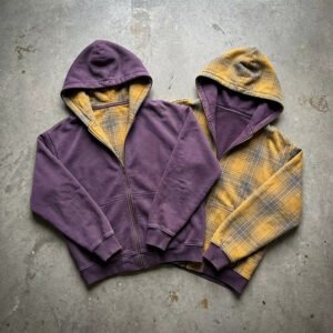 Retro-Washed Checked French Terry Zip-Up Hoodie