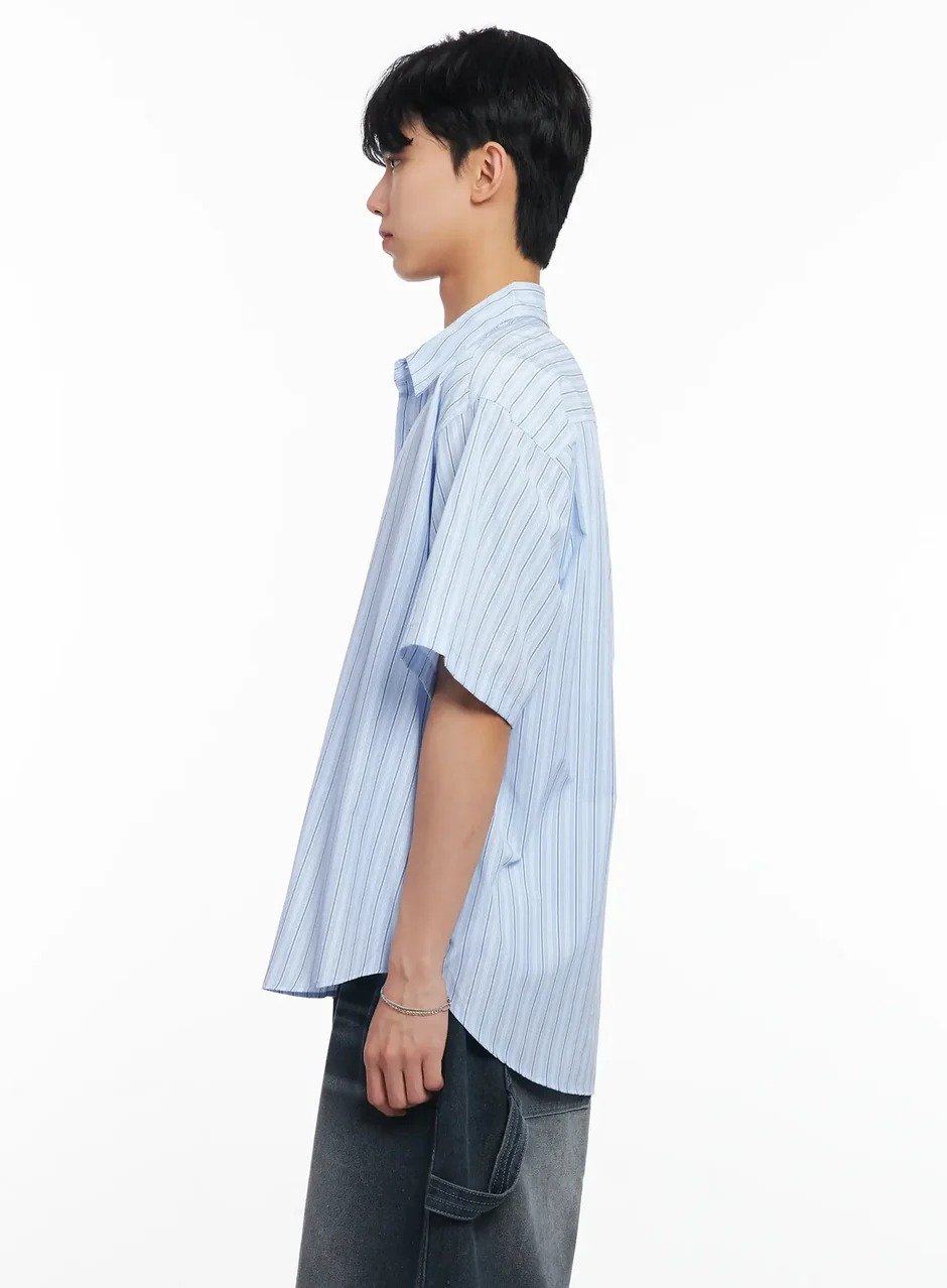 Custom Blue Striped Oversized Short Sleeve Shirt - Image 4