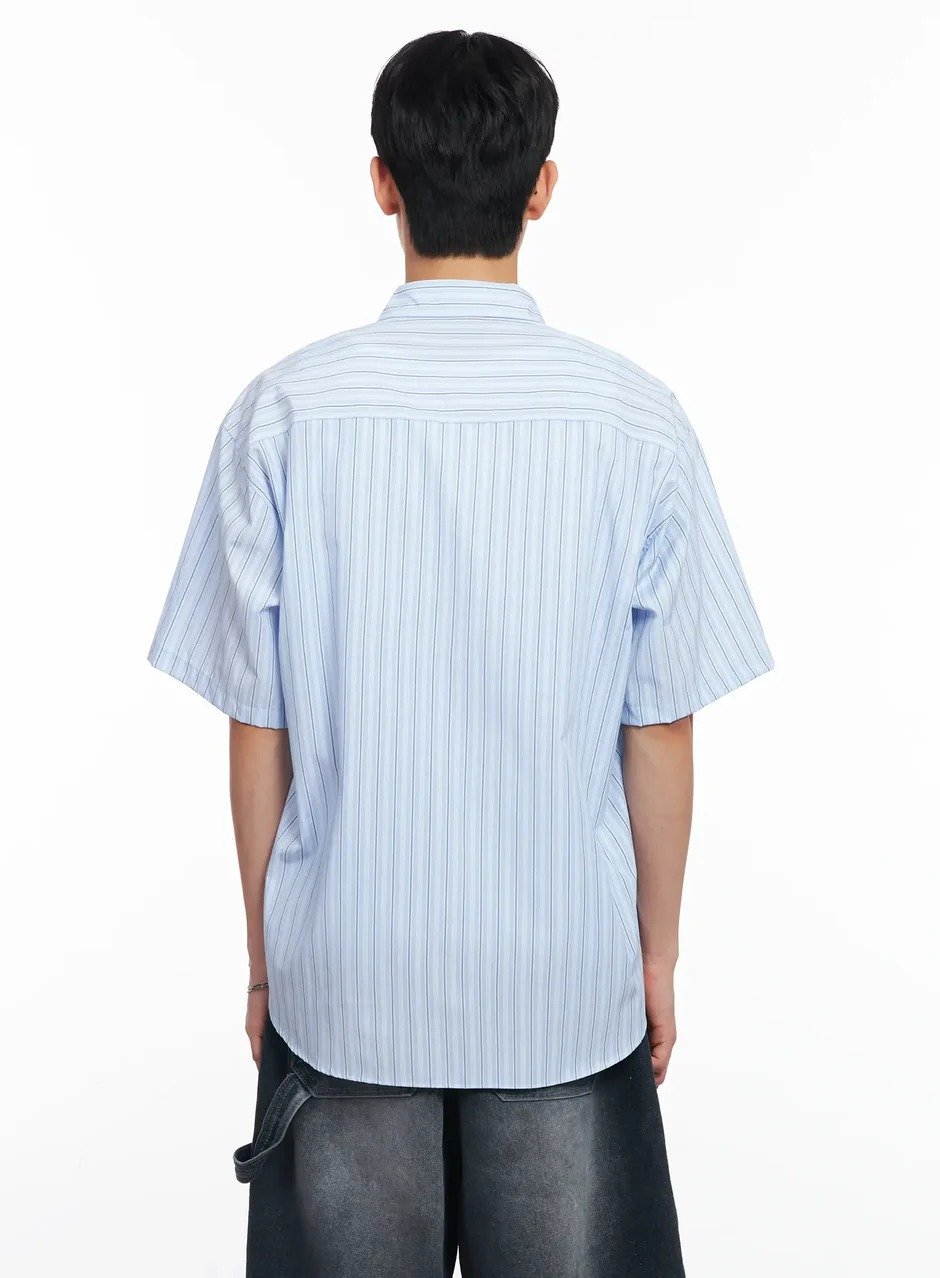 Custom Blue Striped Oversized Short Sleeve Shirt - Image 3