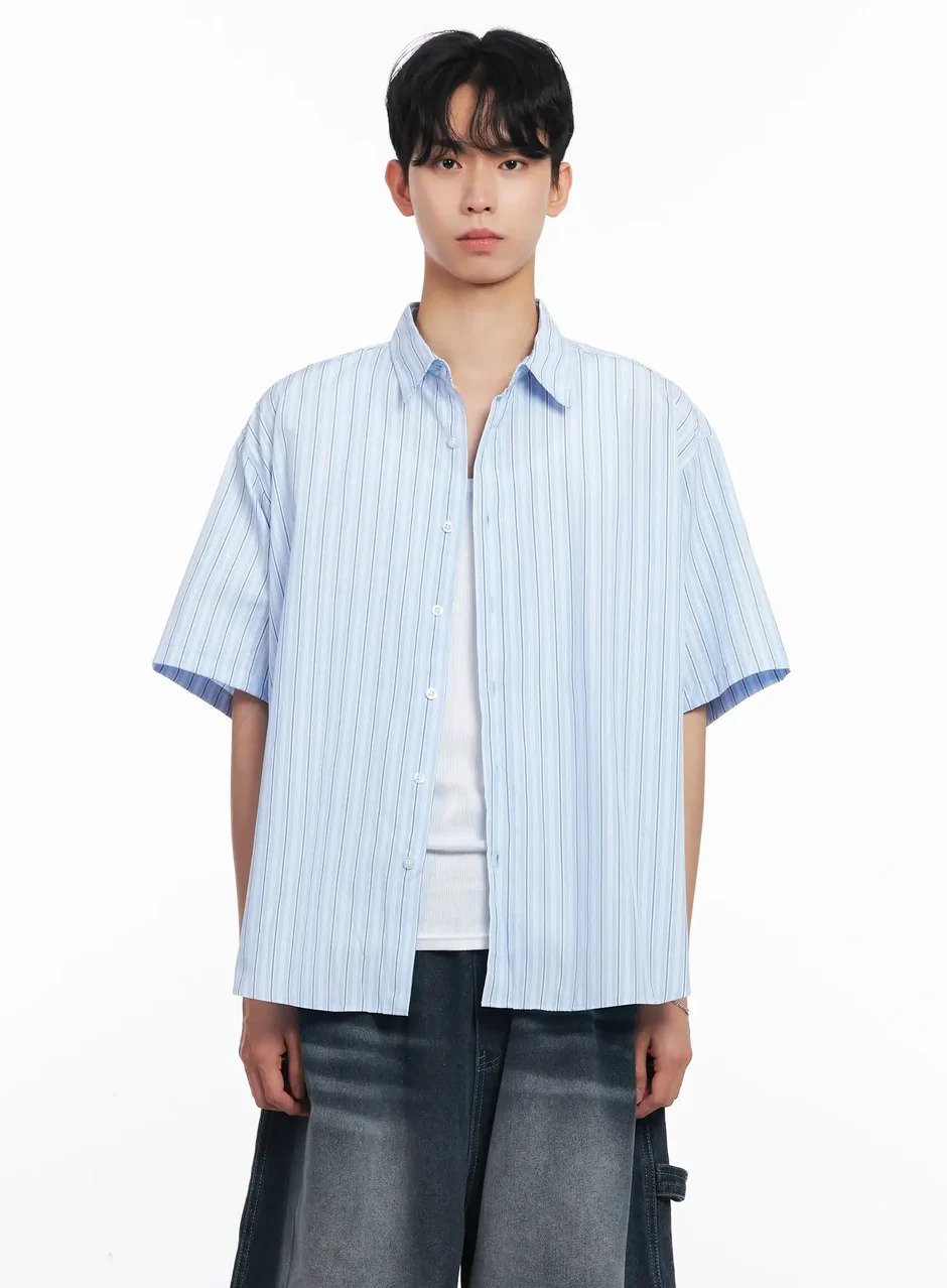 Custom Blue Striped Oversized Short Sleeve Shirt