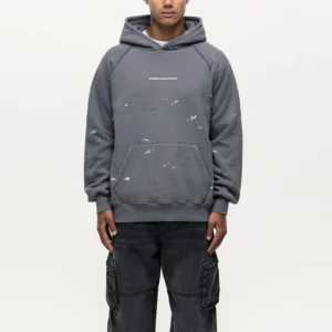 Washed Grey Paint Splatter Hoodie for Men