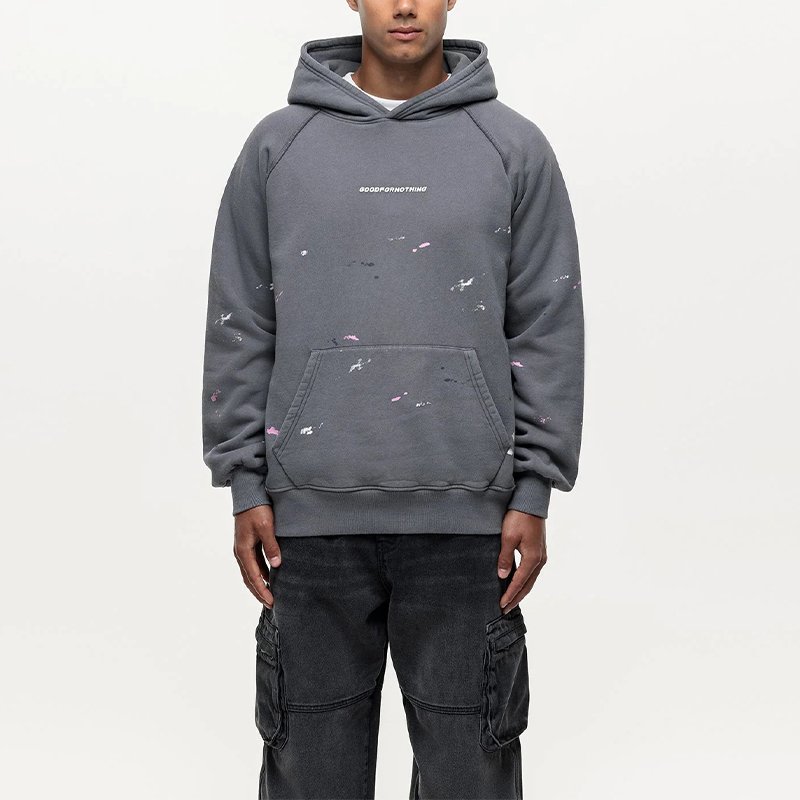 Washed Grey Paint Splatter Hoodie for Men