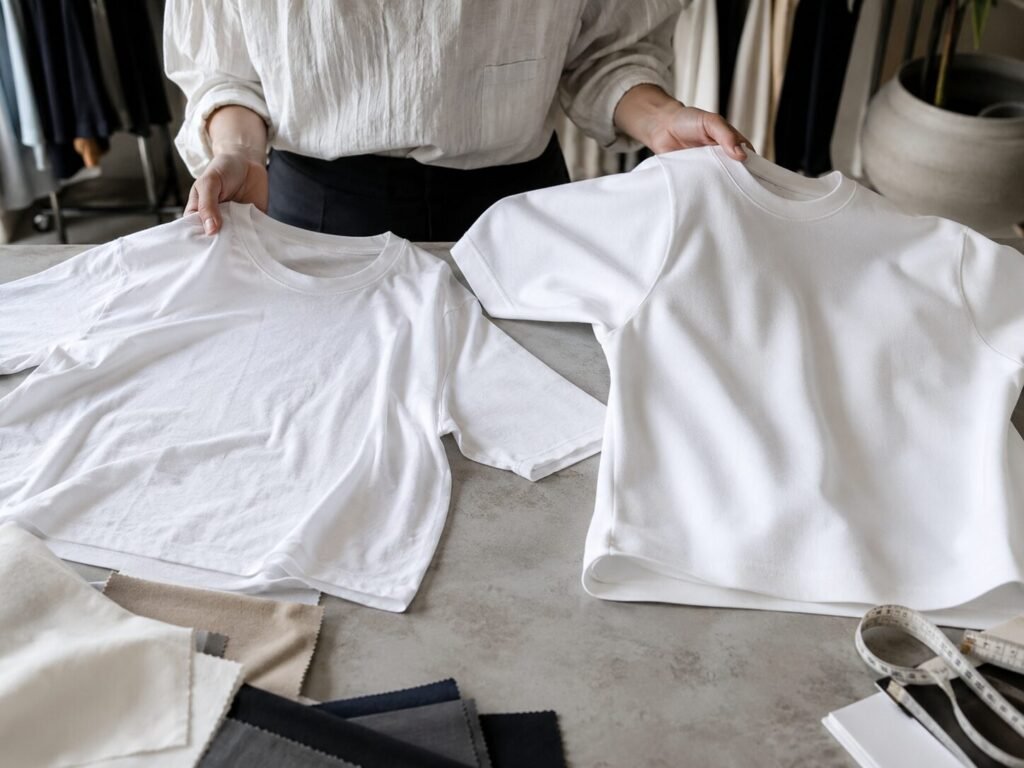 Two white T-shirts being compared to show differences in fabric weight, thickness, and structure