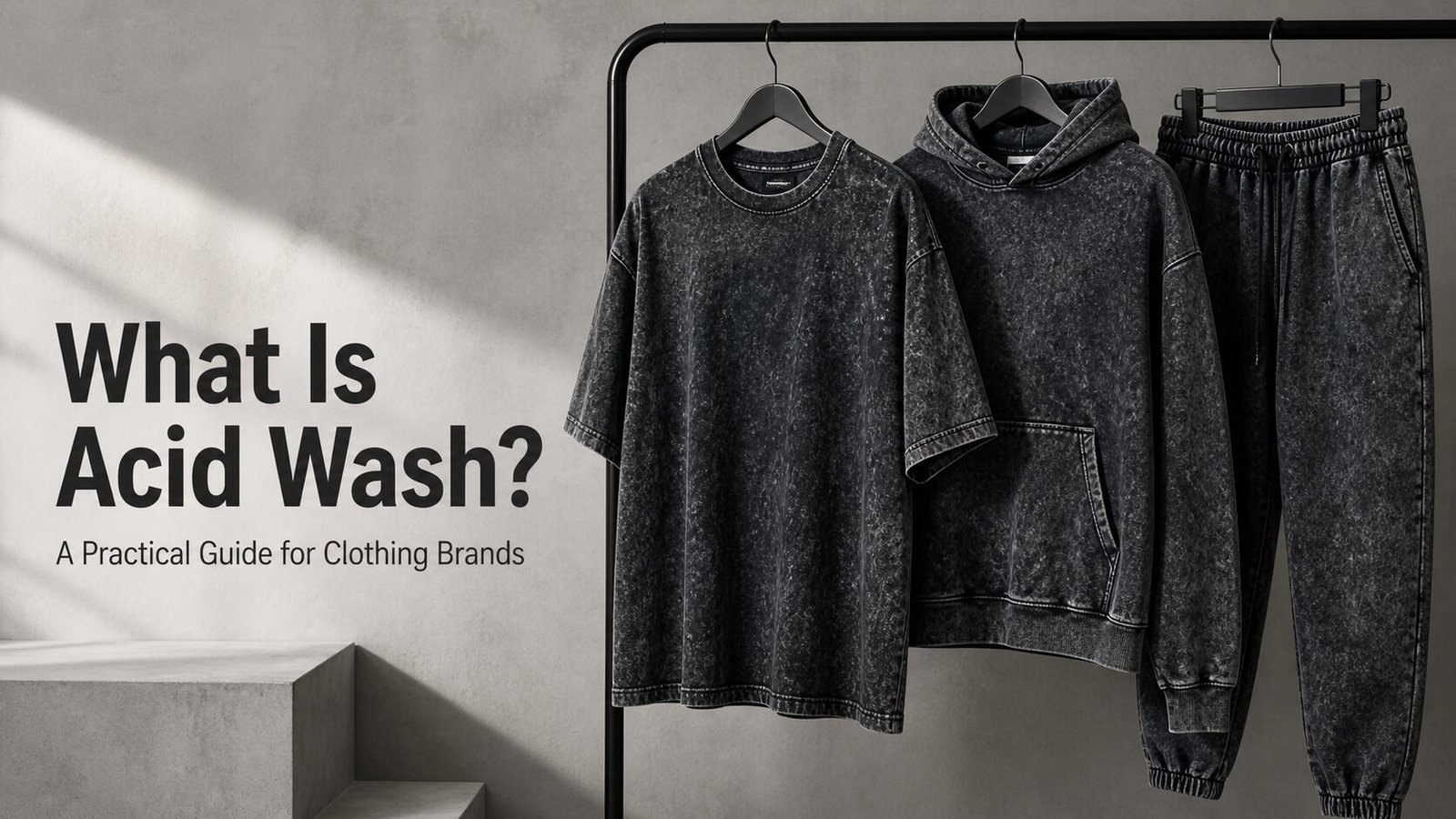 Acid wash streetwear garments including an oversized T-shirt, hoodie, and sweatpants