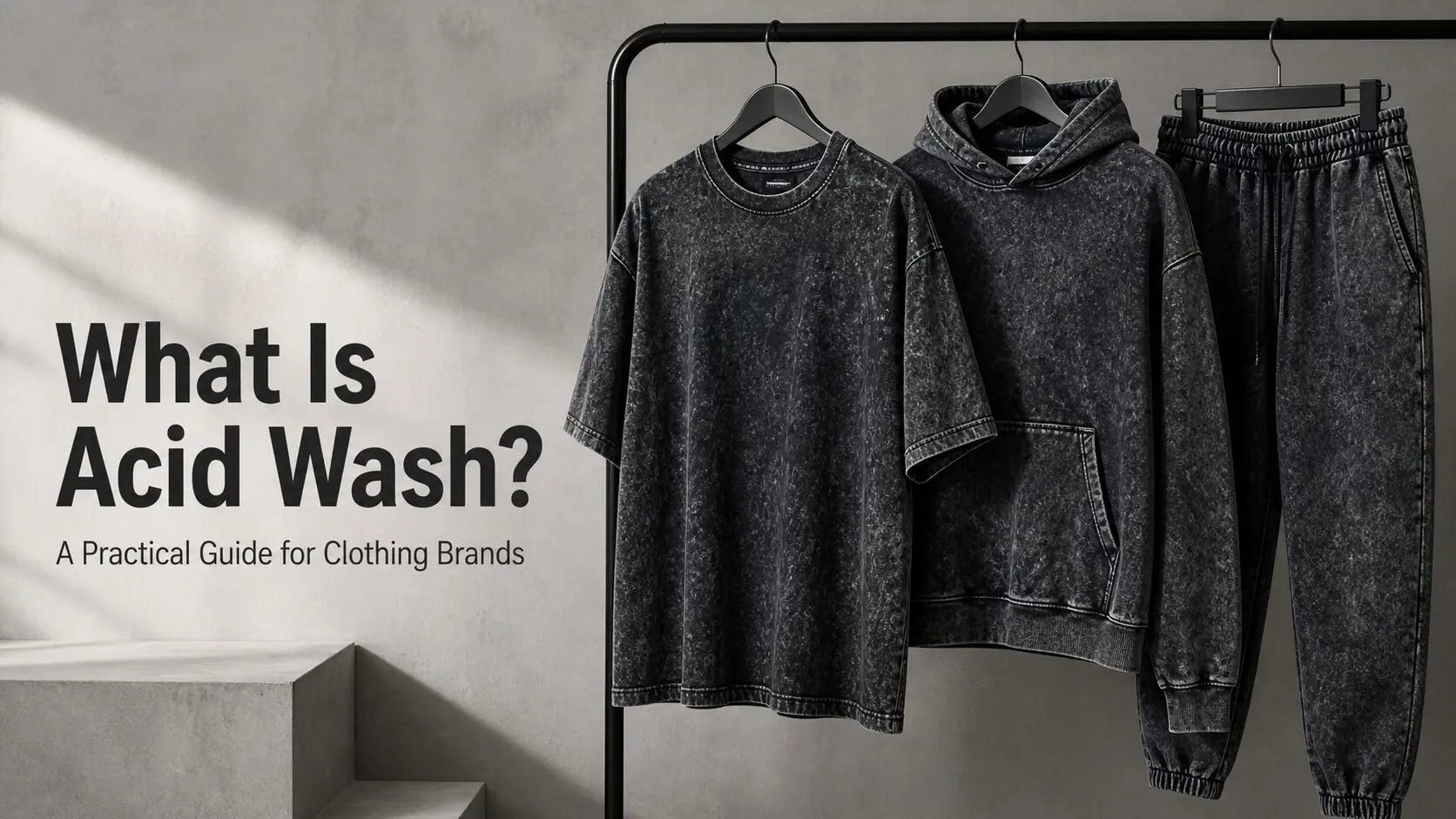 Acid wash streetwear garments including an oversized T-shirt, hoodie, and sweatpants