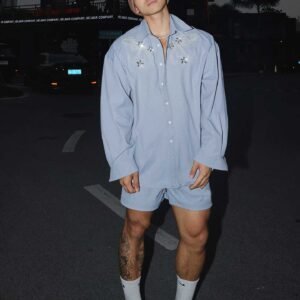 Men’s Pastel Blue Embroidered Shirt and Shorts Set