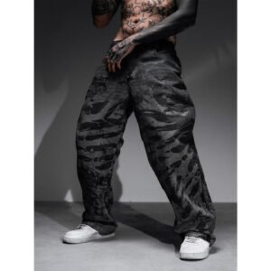 Washed Baggy Jeans with Distressed Graphic Print