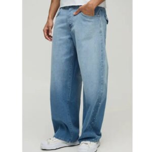 Men’s Light Blue Baggy Jeans with Rhinestone Side Detail
