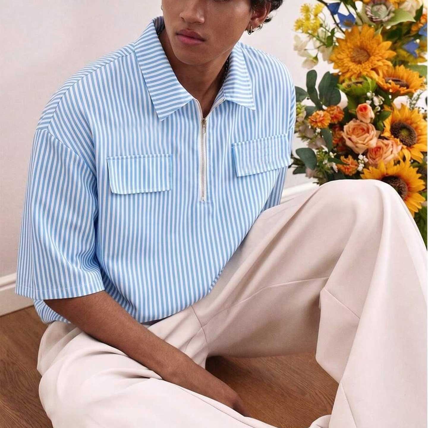 Blue and White Striped Oversized Zip Polo Shirt - Image 3