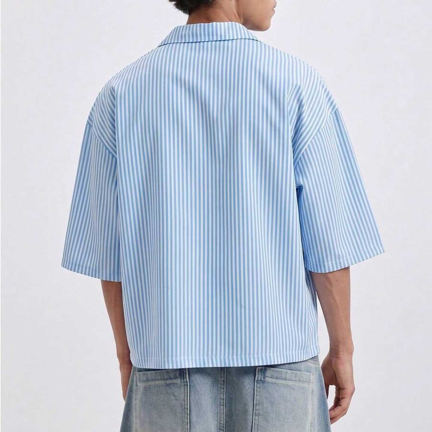 Blue and White Striped Oversized Zip Polo Shirt - Image 4