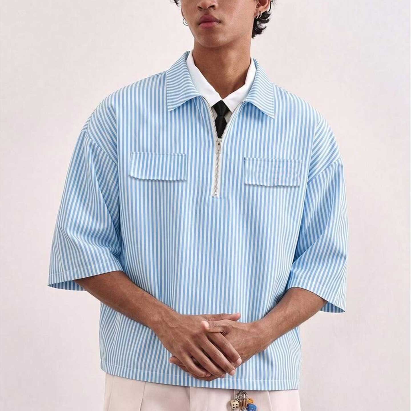 Blue and White Striped Oversized Zip Polo Shirt