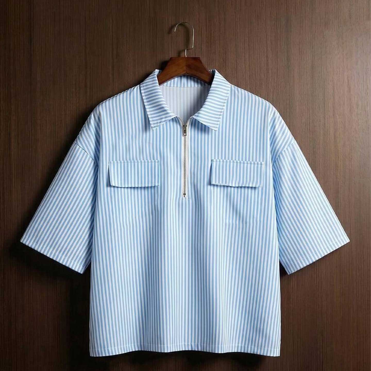Blue and White Striped Oversized Zip Polo Shirt - Image 2