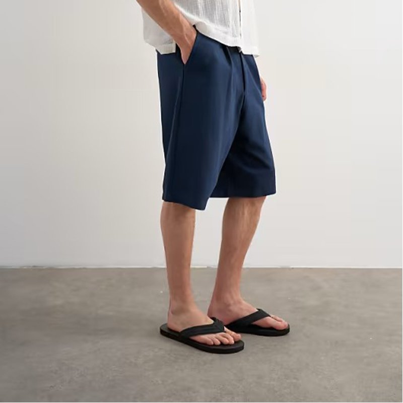 Navy Blue Pleated Loose-fit Mid Shorts - Image 4