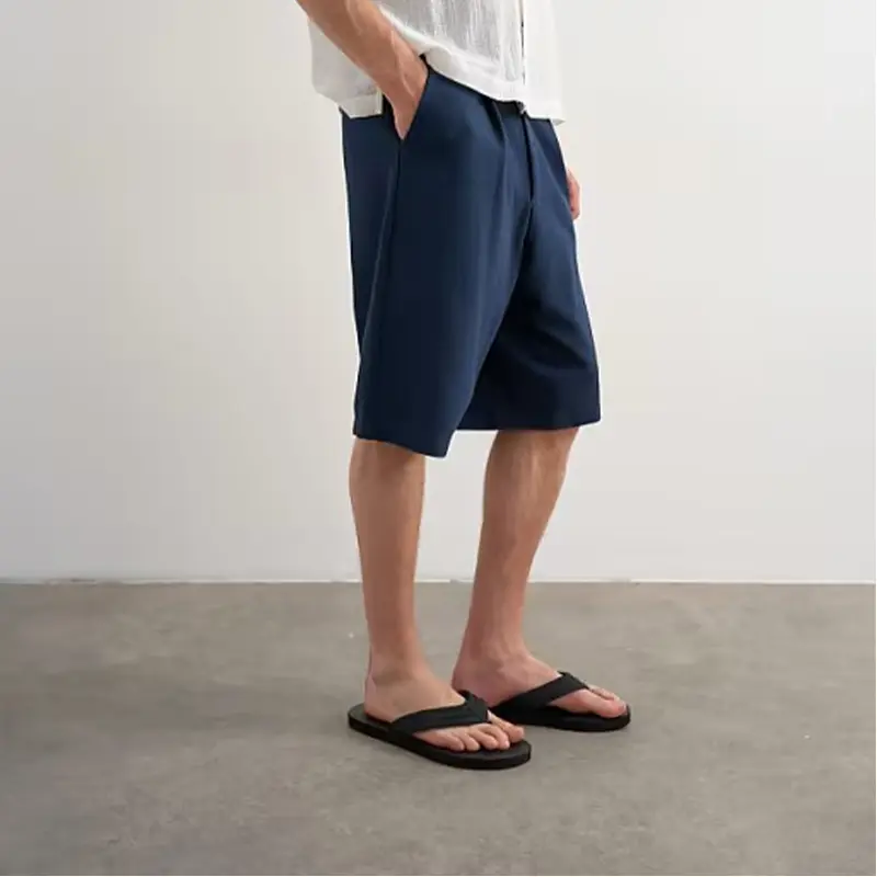 Navy Blue Pleated Loose-fit Mid Shorts - Image 4