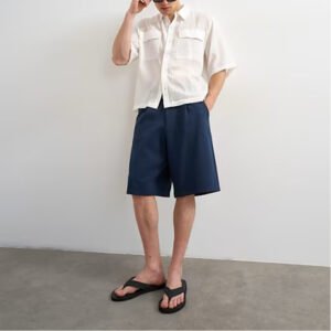 Navy Blue Pleated Loose-fit Mid Shorts