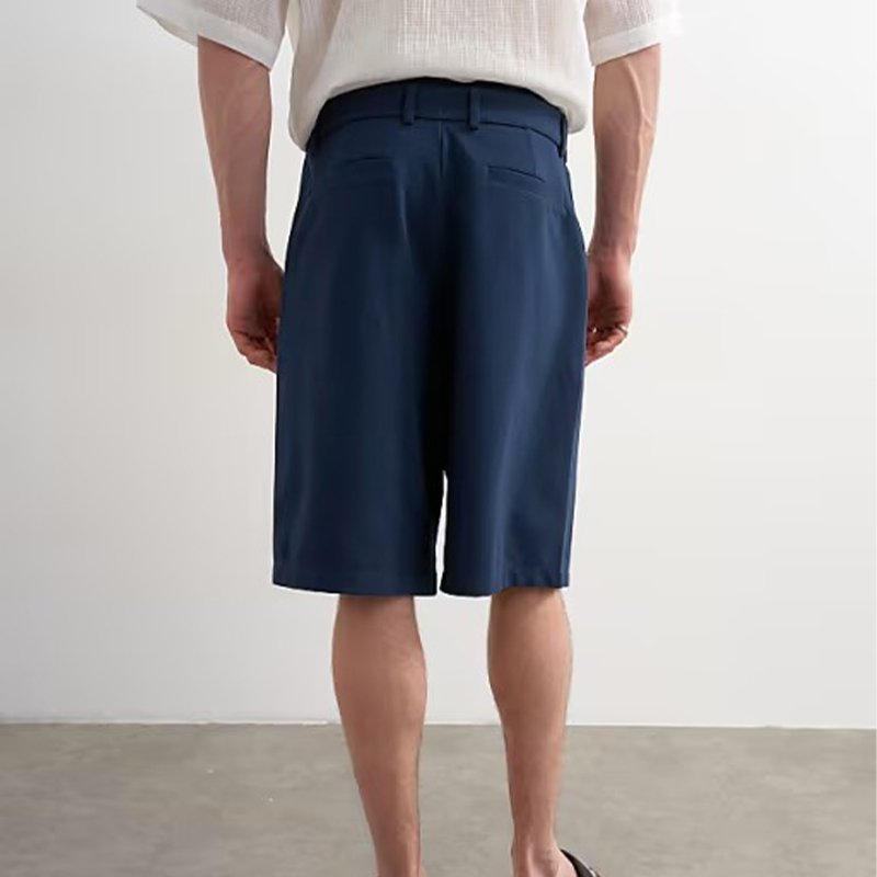 Navy Blue Pleated Loose-fit Mid Shorts - Image 2