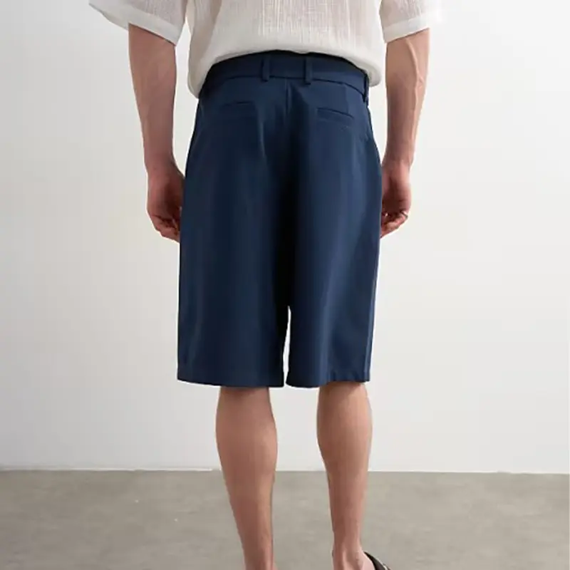 Navy Blue Pleated Loose-fit Mid Shorts - Image 2
