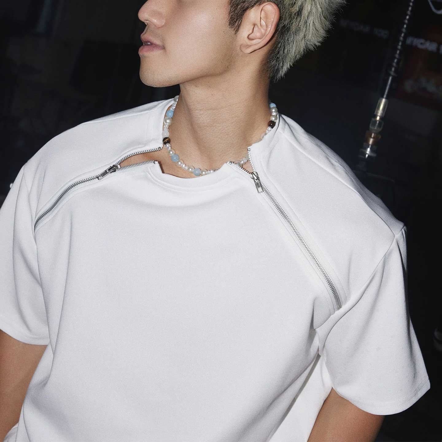 Oversized White T-Shirt with Shoulder Zipper Detail - Image 3