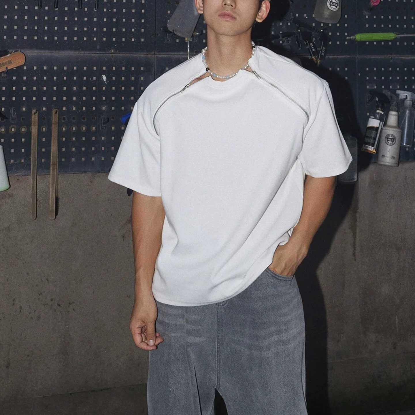 Oversized White T-Shirt with Shoulder Zipper Detail