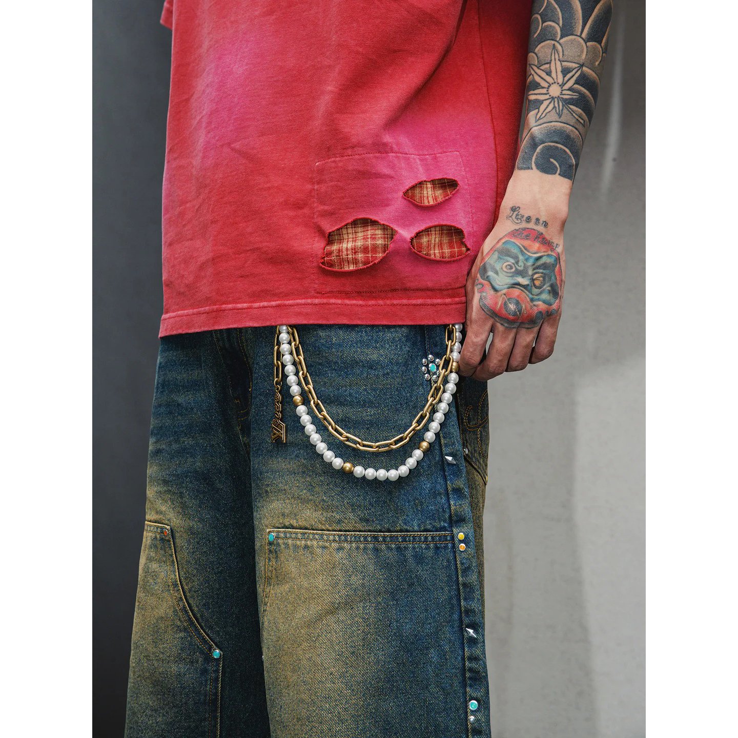 Washed Plaid Patch Oversized T-Shirt - Image 4