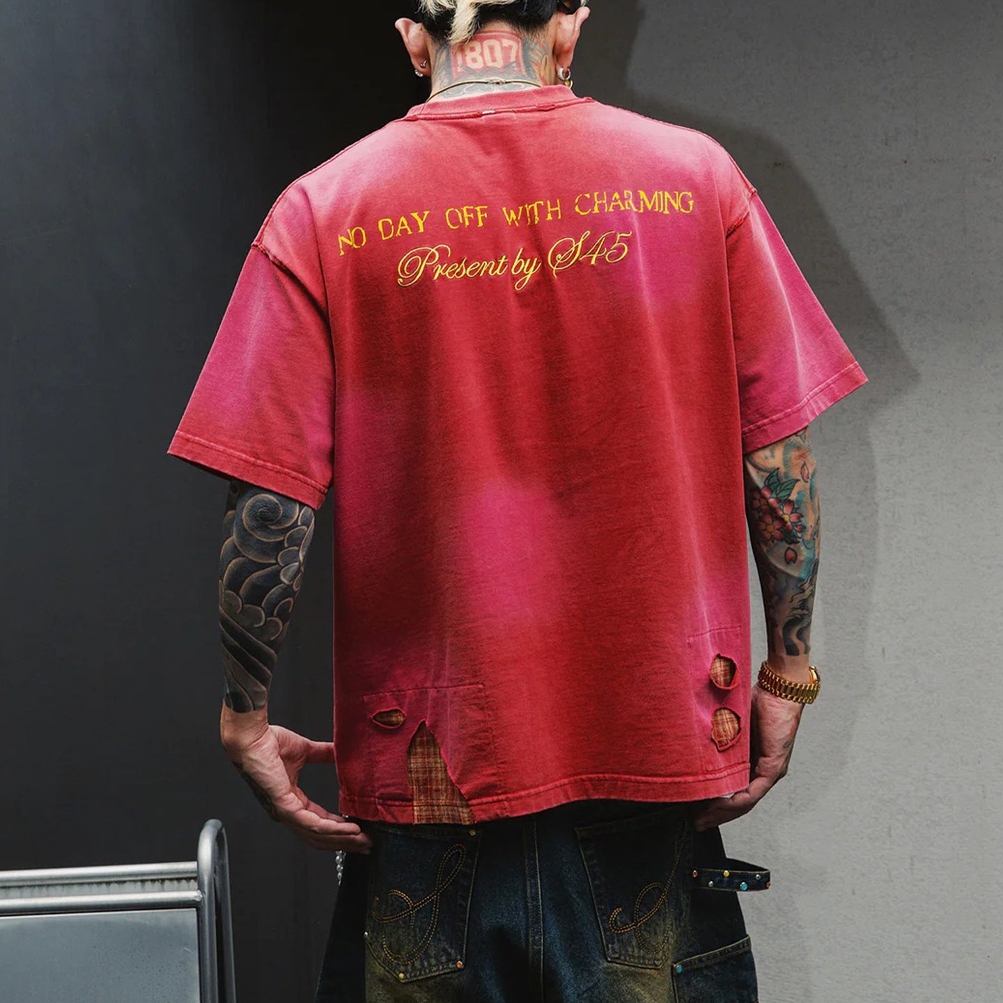 Washed Plaid Patch Oversized T-Shirt - Image 3