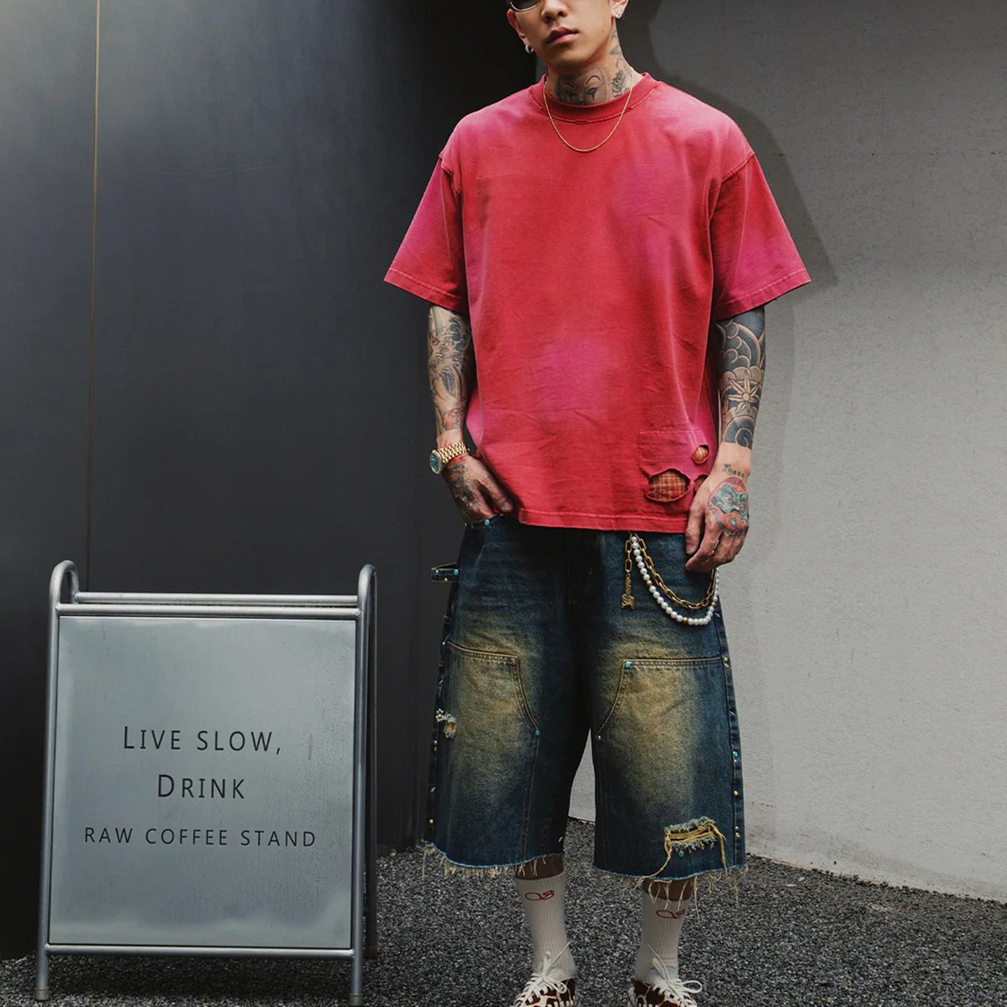 Washed Plaid Patch Oversized T-Shirt - Image 2