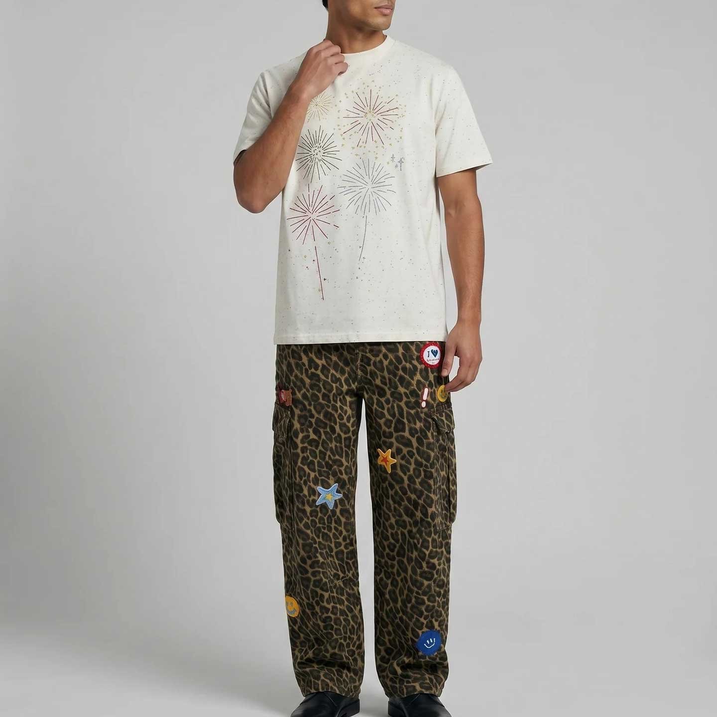 Speckled Fireworks Embroidery Graphic Short Sleeve T-Shirt