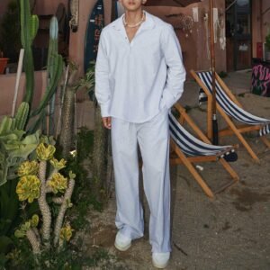 Striped Henley Shirt and Wide-Leg Pants Set