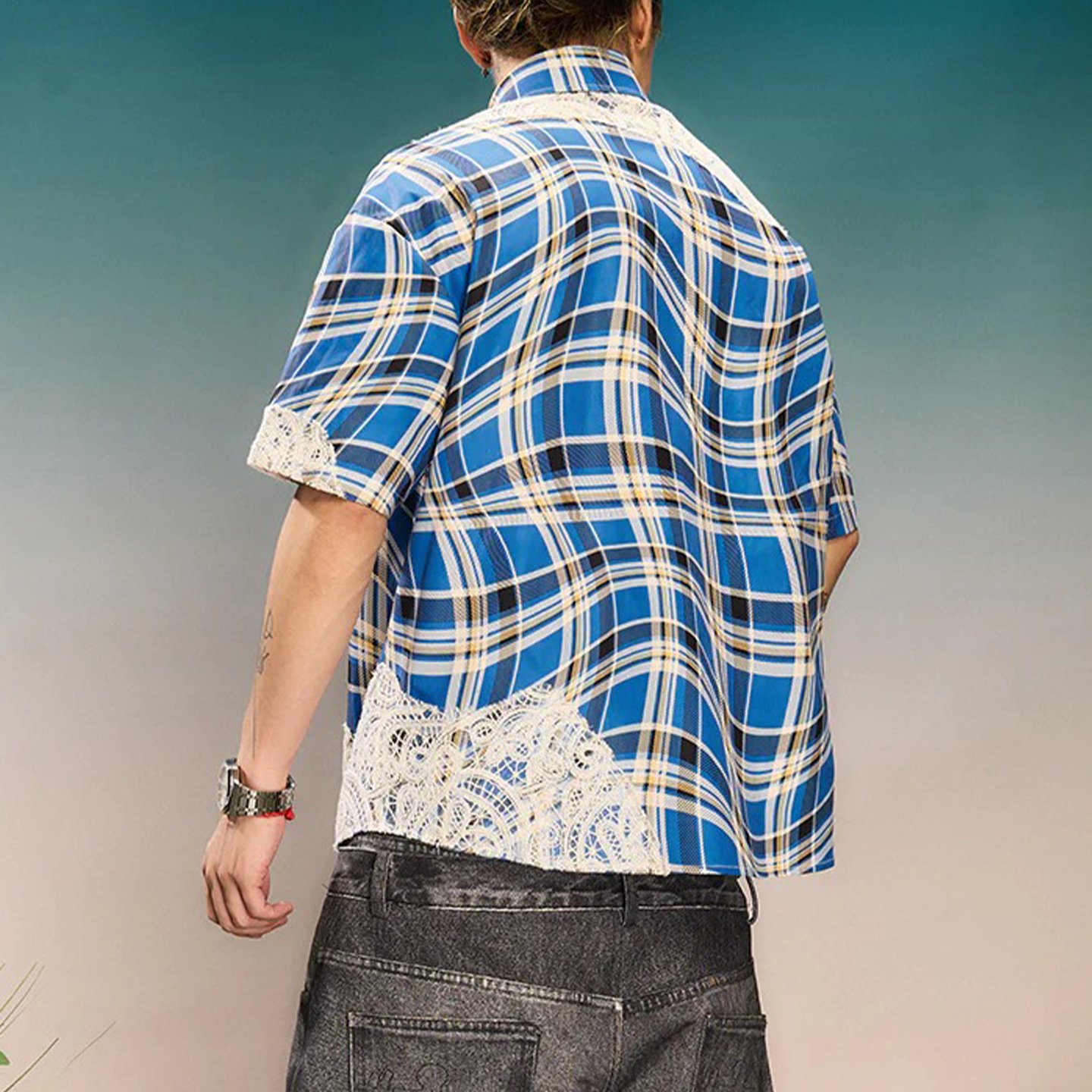 Plaid Short Sleeve Shirt with Lace Patchwork Detail - Image 2
