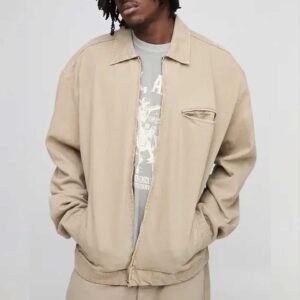 Washed Khaki Oversized Zip-Up Denim Overshirt