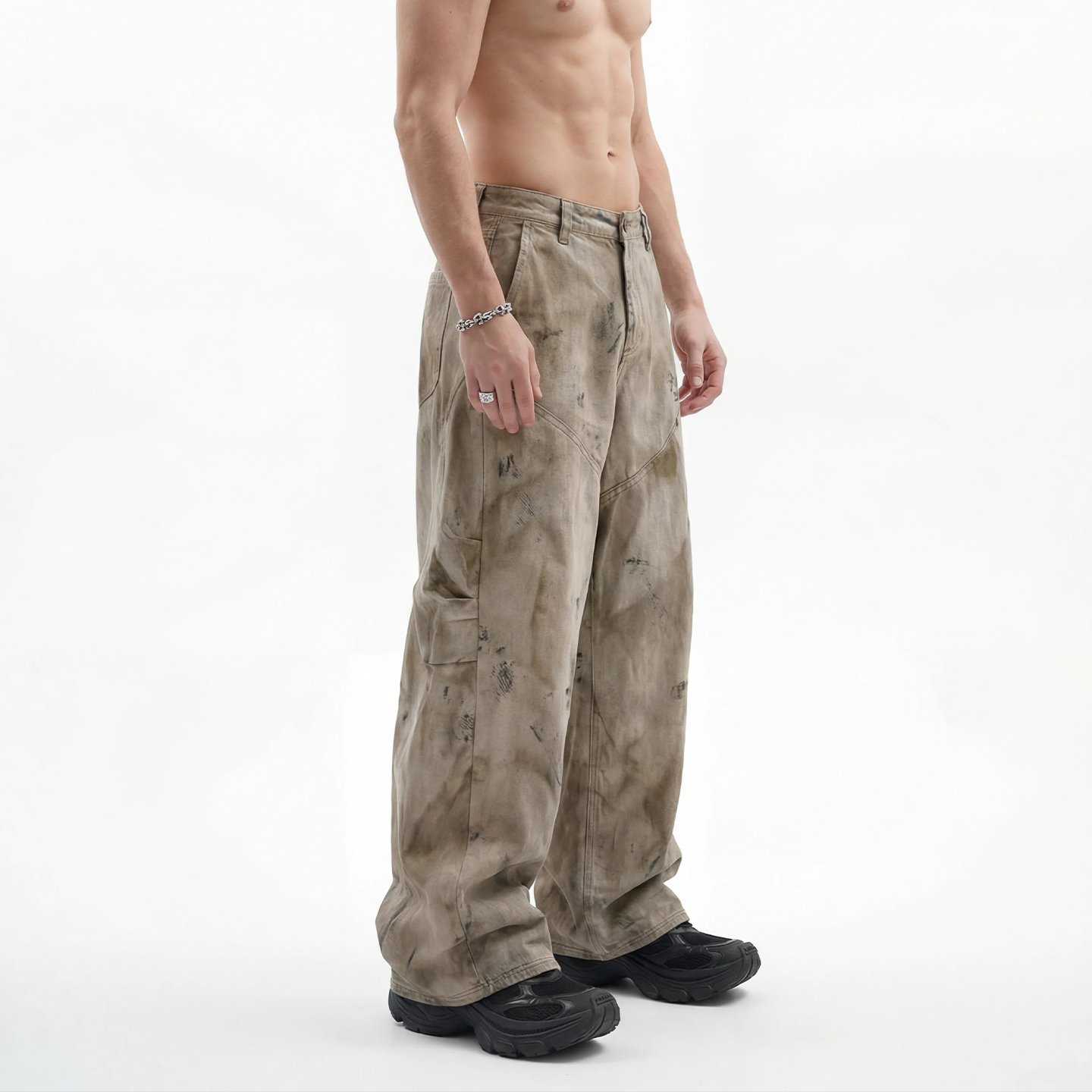 Distressed Wash Wide-Leg Cargo Jeans - Image 3