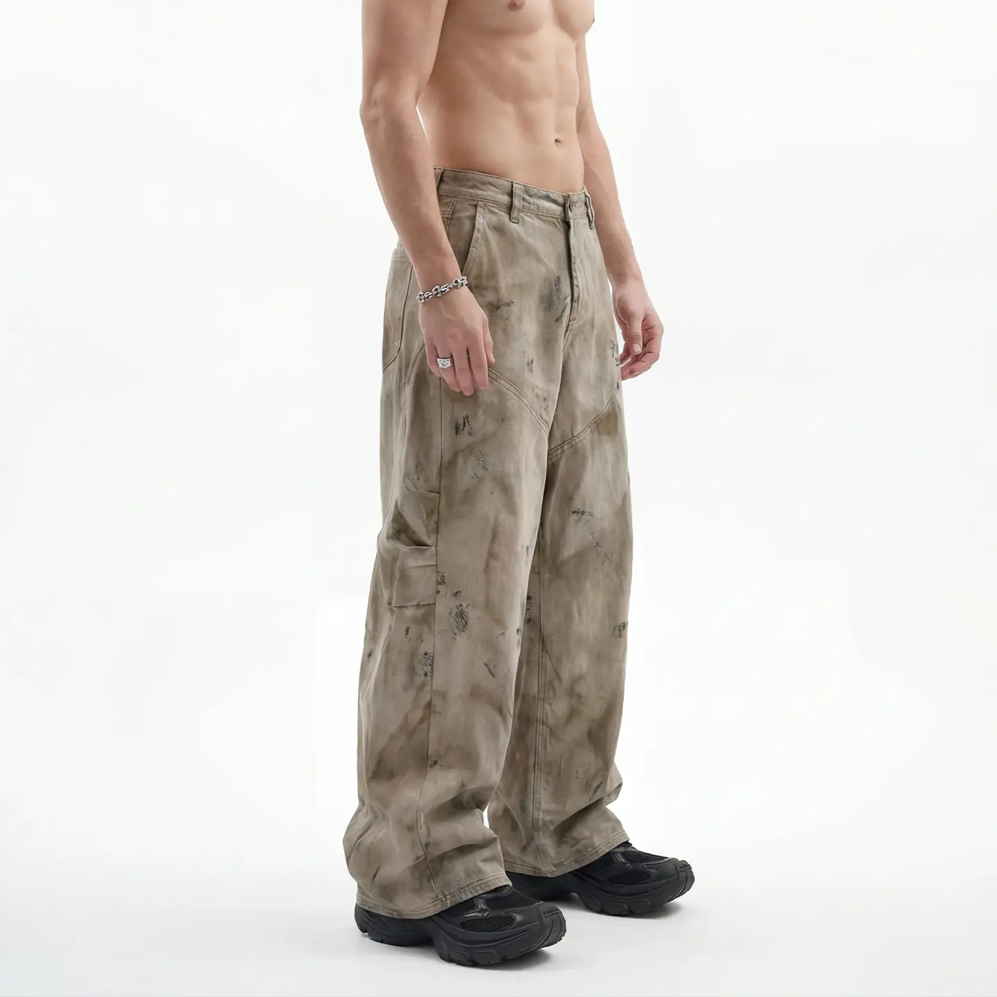Distressed Wash Wide-Leg Cargo Jeans - Image 3