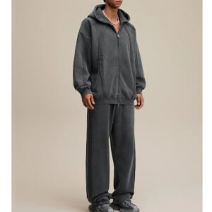 Washed Oversized Zip Hoodie and Wide-Leg Sweatpants Set