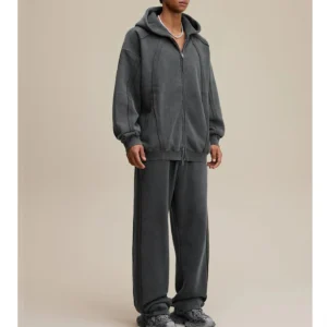 Washed Oversized Zip Hoodie and Wide-Leg Sweatpants Set