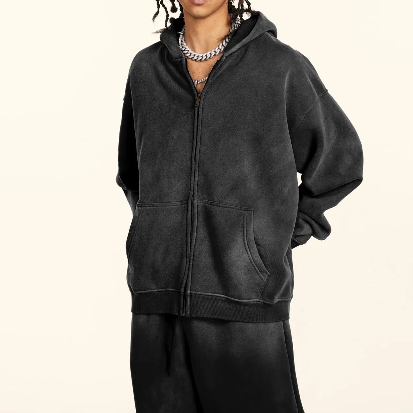 Washed Black Oversized Zip-Up Hoodie - Image 4