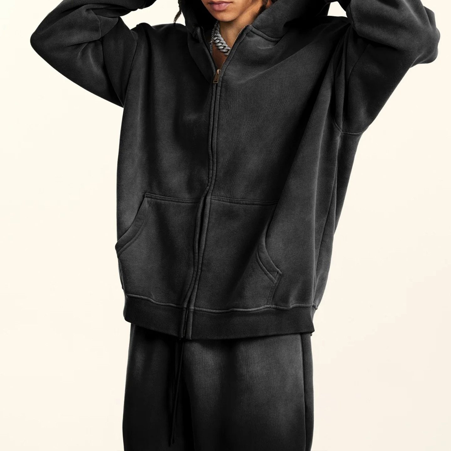 Washed Black Oversized Zip-Up Hoodie - Image 3