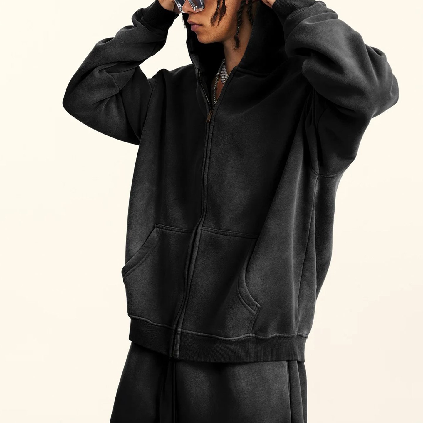 Washed Black Oversized Zip-Up Hoodie