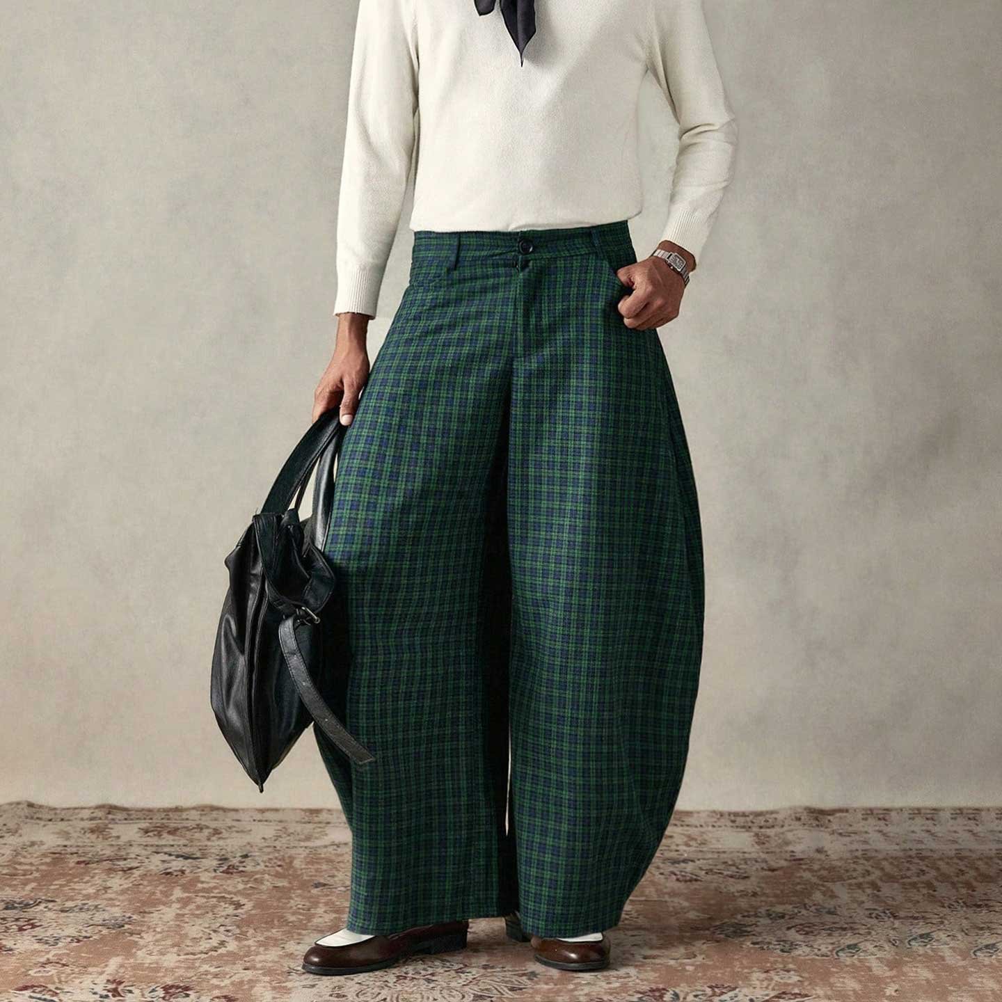 Green Plaid Curved-Leg Pants - Image 4