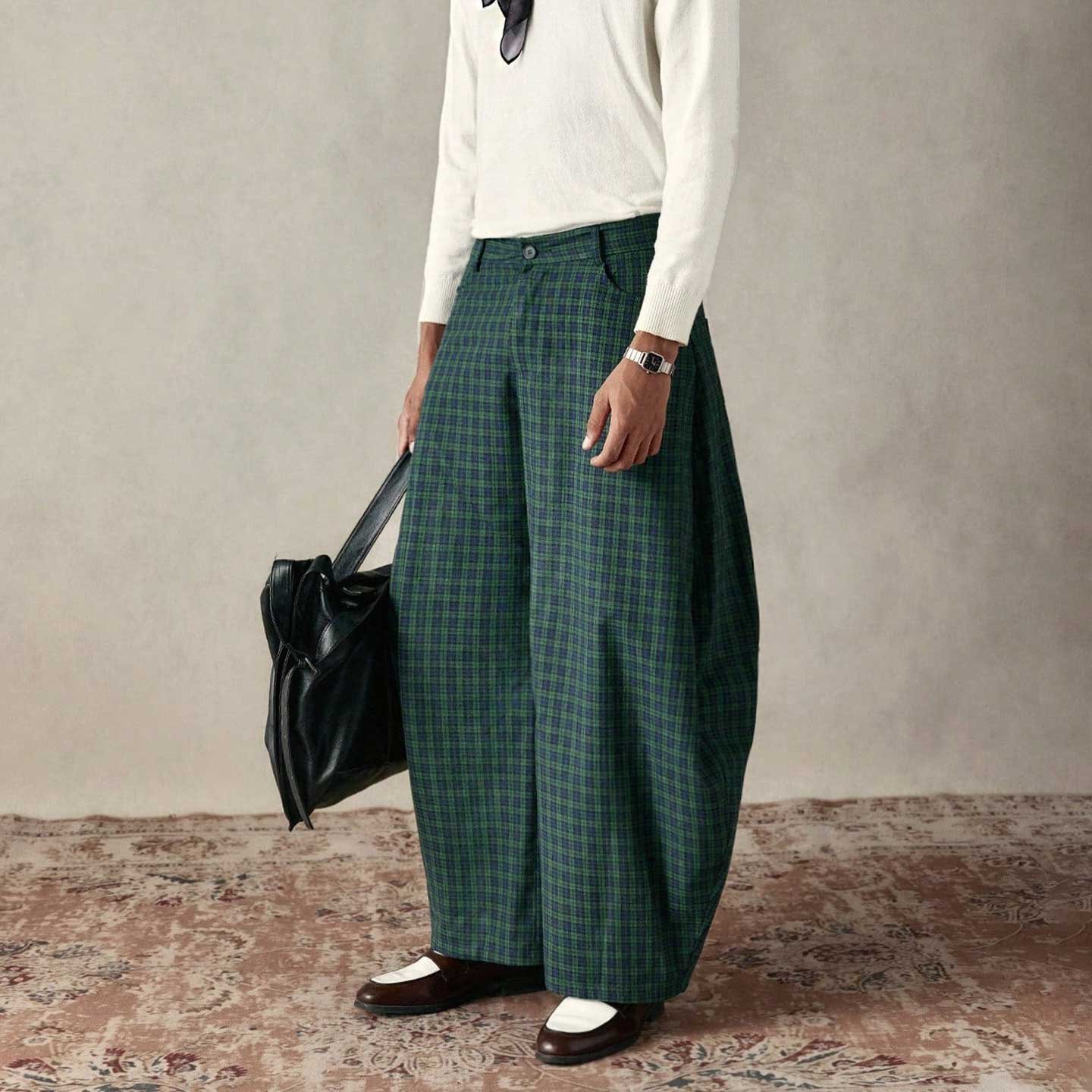 Green Plaid Curved-Leg Pants - Image 2