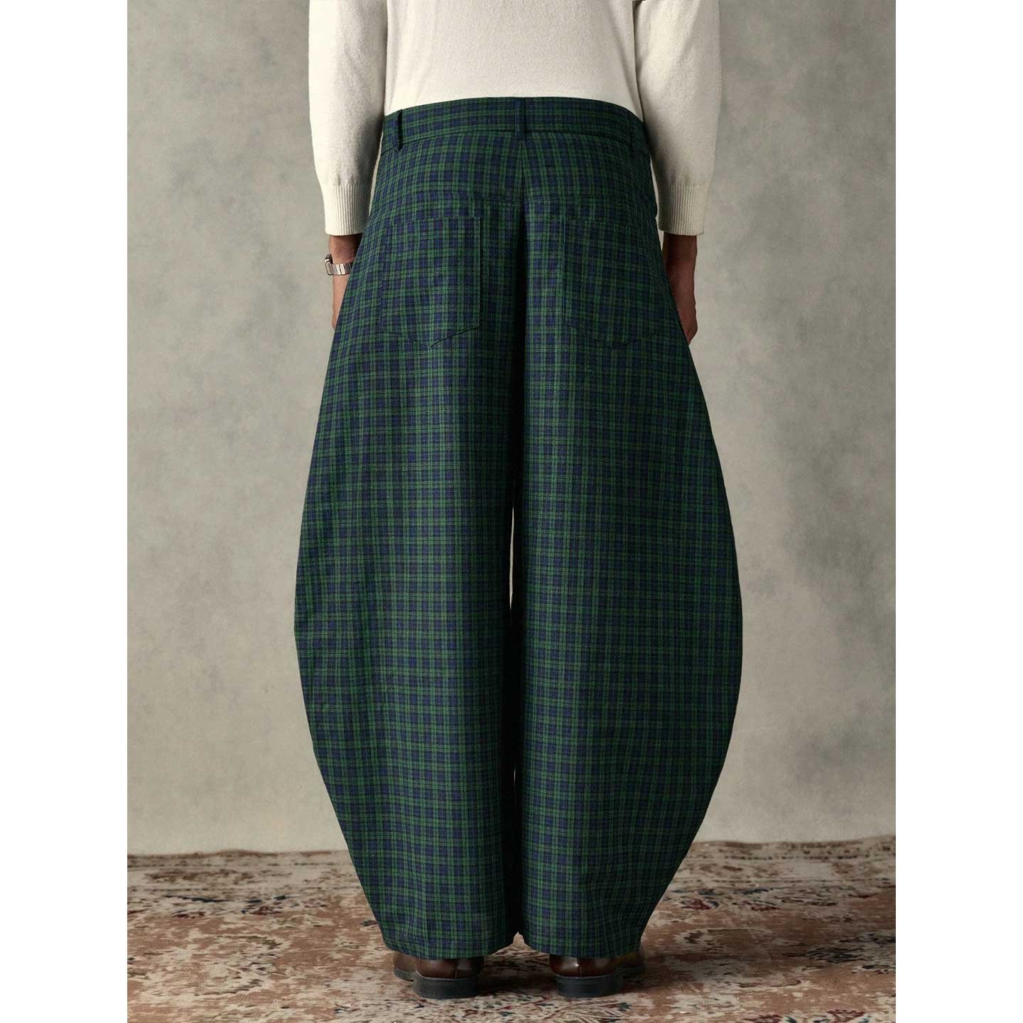Green Plaid Curved-Leg Pants - Image 3