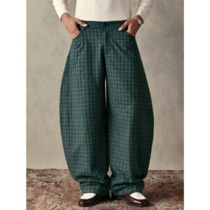 Green Plaid Curved-Leg Pants